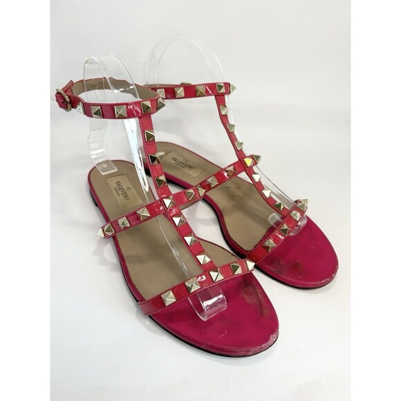 Valentino Garavani Rockstud Patent Leather Sandals Hot Pink Gold Stud Sz EU 37 7 - Picture 3 of 12